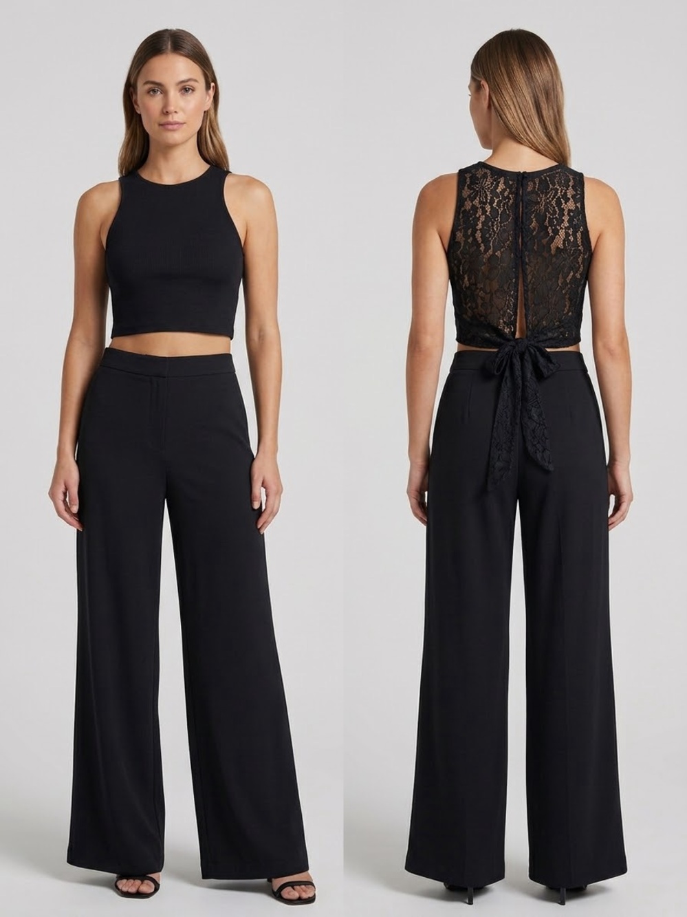 Floral Lace Open Back Tie Hem High Neck Sleeveless Crop Top